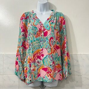 Lilly Pulitzer 100% Silk Long Sleeve Boho Flamingo Shirt Vibrant Preppy Resort M
